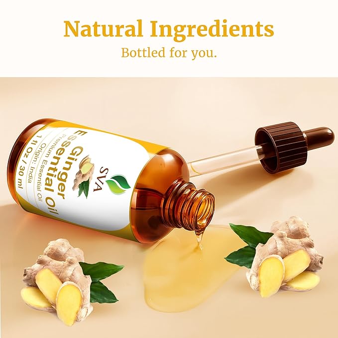 SVA Ginger Essential Oil – 1 Fl Oz – 100% Natural Ginger Oil - for Diffuser, Hair Care, Face, Skin Care, Aromatherapy, Scalp and Body Massage, Soap and Candle Making – with Dropper
