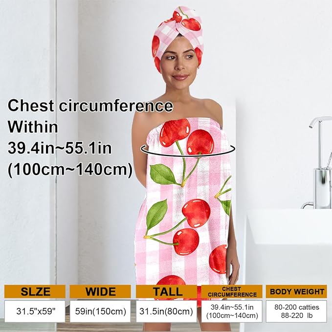 Cherry Bath Wrap with Hair Turban – Pink Check Microfiber Shower Skirt and Quick Dry Towel Set, Absorbent Lightweight Spa Wrap Gift for Women and Teens (Cherry 8)