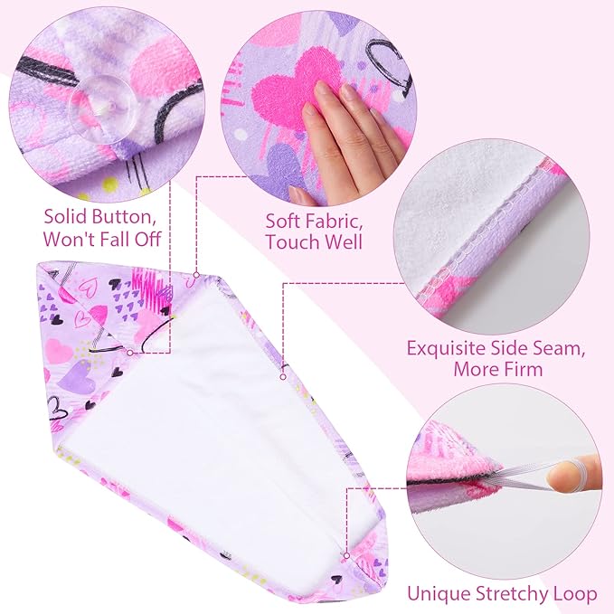 Basumee Microfiber Hair Towel Wrap for Kids 2 Pack Rapid Drying Hair Towel with Button Hair Turbans for Wet Hair Wraps Head Towel Wrap for Women and Girls, Blue and Purple Love