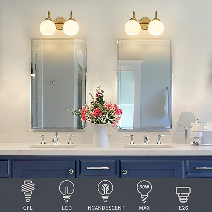 AKEZON Bathroom Light Fixtures 2-Light Brushed Gold Vanity Light, Modern Bathroom Wall Sconce with Milky White Frosted Glass Shade for Mirror Bedroom Hallway