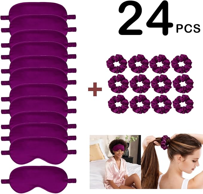 24Pcs Satin Eye Mask Silk Sleep Masks Silky Eyes Cover Blackout Blindfold Eyeshade Scrunchies Hair Ties Travel Wedding Gift