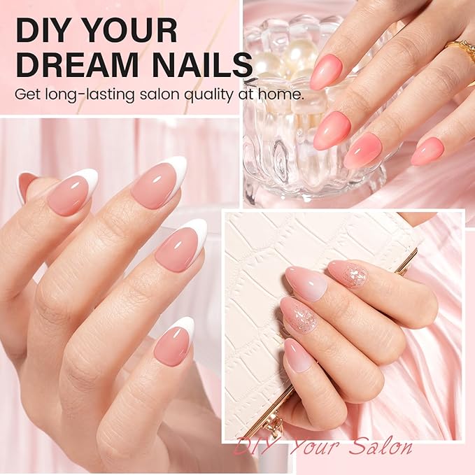 AILLSA Nail Extension Kit Short Almond Nail Tips 240pcs with 2 In 1 Nail Glue Base Coat and Nail Dehydrator, Gel Nail Tips Kit with Nail Lamp Top Coat for Starters Home Salon