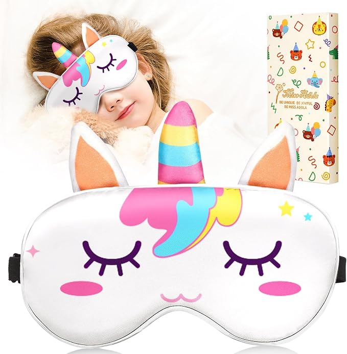 Miss Adola Sleep Mask for Kids - Valentines Gift for Kids Cute Silk Eye Cover for Sleeping Soft Kawaii Eyeshade Animal Eye Blindfold with Adjustable Strap for Girls Teens, Unicorn