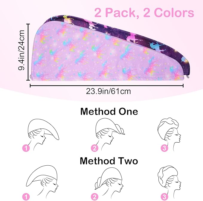 Basumee Microfiber Hair Towel Wrap for Kids 2 Pack Rapid Drying Hair Towel with Button Hair Turbans for Wet Hair Wraps Head Towel Wrap for Women and Girls, Dark Unicorn