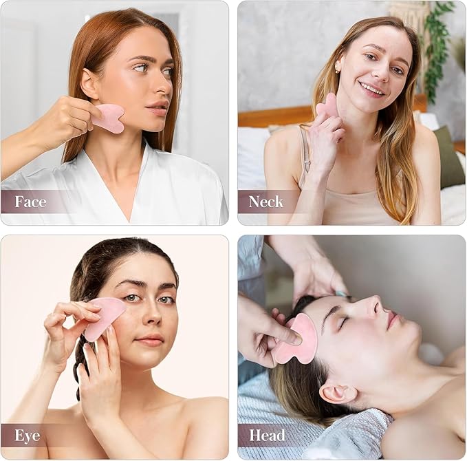 2 Pack Gua Sha Facial Tools,Gua Sha Jade Stone Gua Sha Massage Tool, Guasha Tool for Face and Body Skin Massage. Tools for SPA Acupuncture, Pink Stone for Body Face Neck and Eye (A)