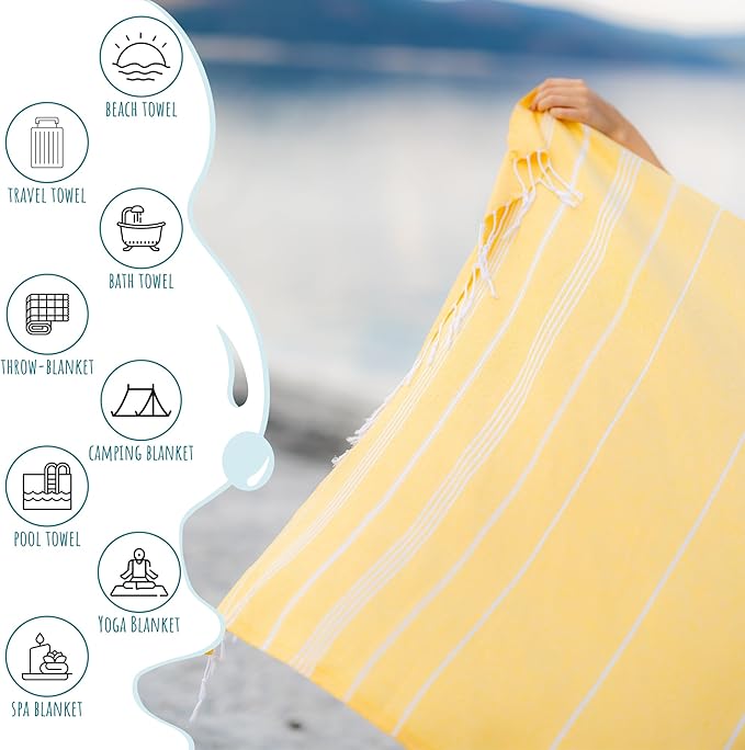 Ray Silver Turkish Beach Towel – 100% Cotton 40x71 Quick Dry Oversized Sand Free Lightweight Blanket for Travel Camping Bath Sauna Pool Gym Yoga (1pc - S-Yellow)