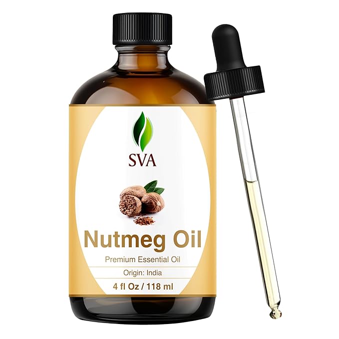 SVA Nutmeg Essential Oil – 4 Fl Oz – 100% Natural Nutmeg Oil - for Diffuser, Hair Care, Face, Skin Care, Aromatherapy, Scalp and Body Massage, Soap and Candle Making – with Dropper