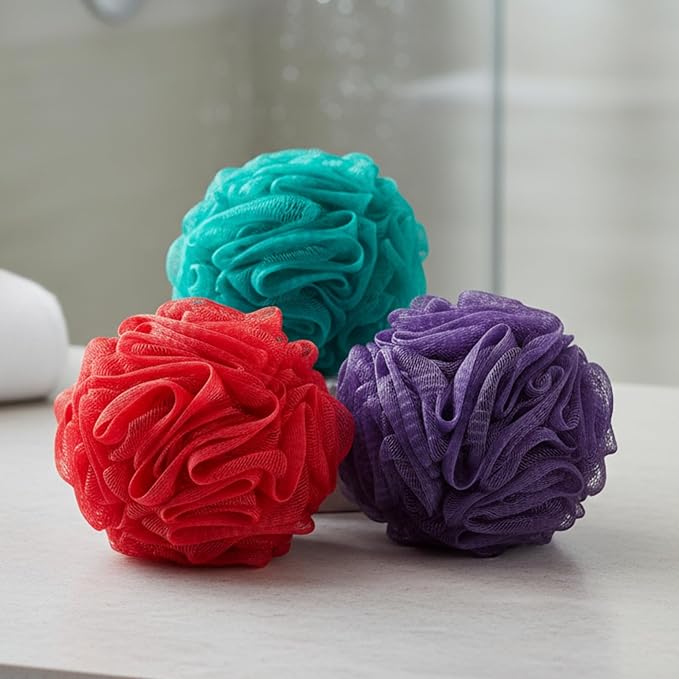 Large Purple Bath Sponge Pack of 3 – Gentle Exfoliation Loofahs with Suction Cup for Easy Drying, Soft 70G Mesh Poufs for All Skin Types, Lather for Daily Use