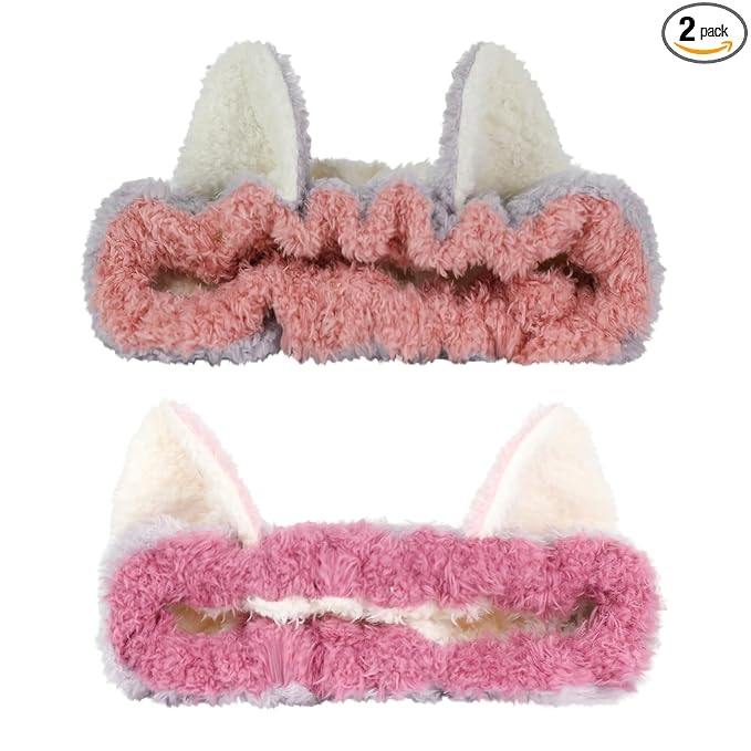 PERFECTSIGHT Kawaii Headband for Spa, Makeup, Washing Face, Party - 2 Pack Cute Hair Band for Shower Beauty Skincare, Soft Facial Headbands for Girls and Women (Contrast Color Ear)