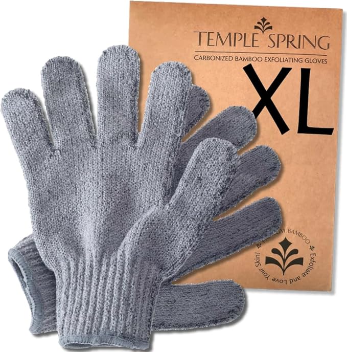 Temple Spring Exfoliating Gloves for Men & Larger Hands – Extra Large XL Textured Rayon Bamboo Shower Gloves with Thicker Weave for Deep Cleansing, Dead Skin Removal & Smooth Skin (1 Pair, Gray)