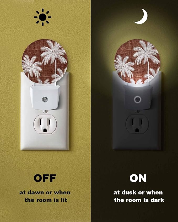 Night Lights Auto Sensor Tropical Palm Trees Night Light Brown Linen Coastal Round Lamp Plug-in LED Nightlights Dusk to Dawn for Living Room Bedroom Bathroom Hallway Wall Decor