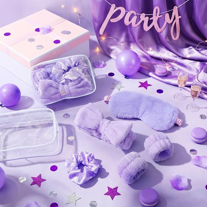Hoteam 10 Pcs Spa Party Supplies Gift for Mother's Day Sleepover Party Favor Spa Headband Wristband Sleep Eye Mask Velvet Scrunchies for Skin Care Makeup Slumber Night Favor(Light Purple)
