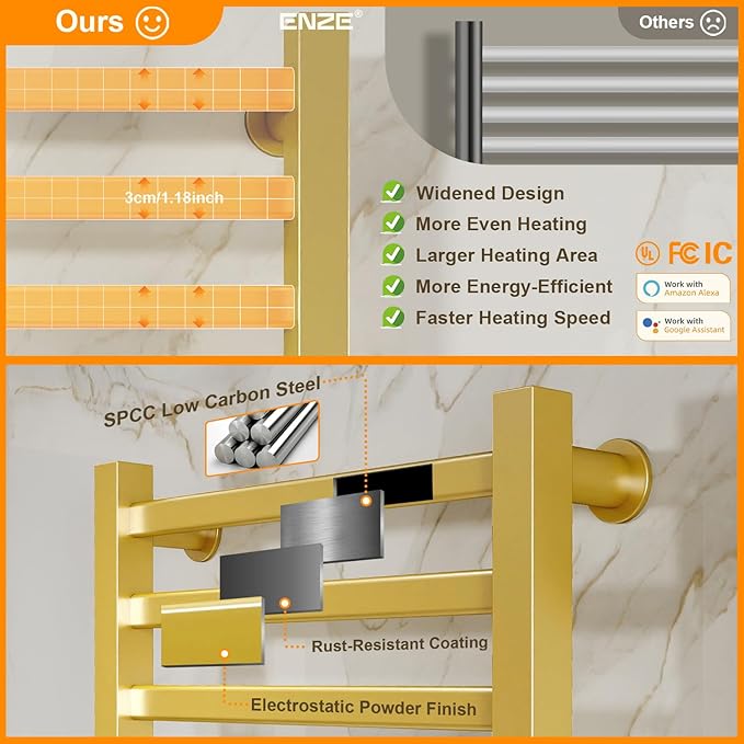 ENZE Smart Heated Towel Rack, 9-Bar Wall-Mounted Electric Towel Warmer 230W, Wi-Fi App Control & LED Touch Screen, Adjustable Temperature & 24H Timer, IPX5, Plug-in/Hardwired, Gold, Low Carbon Steel