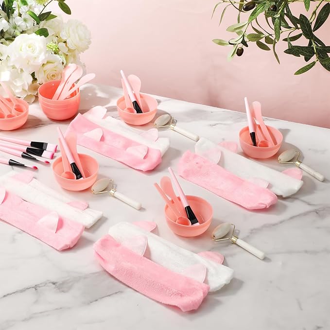 8 Sets Spa Party Supplies include 8 Jade Rollers Face Mask Brushes Face Mask Mixing Bowls Headband for Spa Party Sleepover Slumber Favors