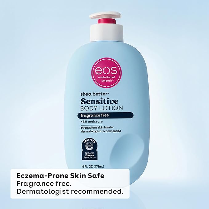 eos Shea Better Sensitive Skin Body Lotion - Fragrance-Free, 48-Hour Moisture Eczema Cream & Dry Skin Relief, Vegan, 16 fl oz (Packaging may vary)
