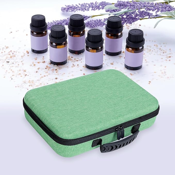 Essential Oils Carrying Case Holds 60 Grids for 1-3ML Roller Bottles 5ml, 10ml, 15ml Bottles Storage Organizer Bag Hard Shell EVA, Essential Oil Bag with Detachable Sponge Pad Green
