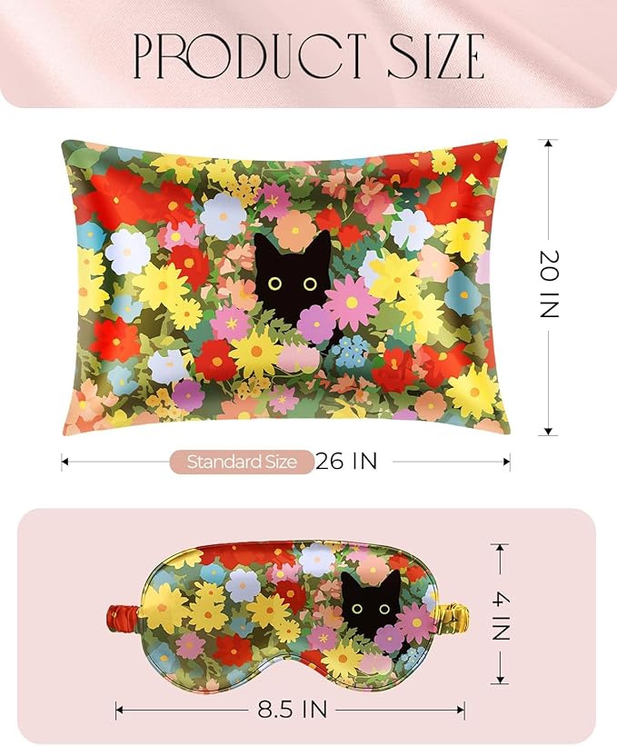 Miss Adola 1Pack Mulberry Silk Pillow Case for Hair and Skin Standard 26"x20" Silk Pillowcase with Eye Mask & Scrunchie Soft Silk Pillowcase Sleeping for Women, Wife, Female - Cat Flower