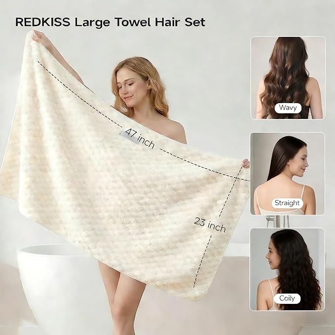 REDKISS 4 Pack Extra Large Hair Towels - Microfiber Oversized Hair Towel Wrap for Women, 23 x 47 inches Hair Towels with Elastic Strap, Super Soft Hair Drying Towels for Long, Thick, Curly Turbans