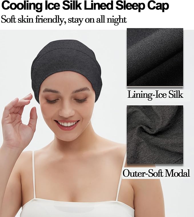 Sleep Cap Bonnet for Sleeping Black Women, Adjustable Cooling Ice Silk Lined Bonnet for Curly Braids Hair Cover Beanie Hat