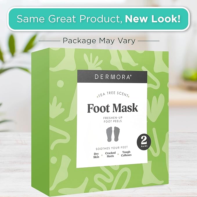 DERMORA Foot Peel Mask | Skin Exfoliating Foot Masks for Dry, Cracked Feet & Callus Removal | Dead Skin Exfoliator for Baby Soft Feet | Pack of 2 | Regular (Fits up to Men 10 / Women 11) | Tea Tree