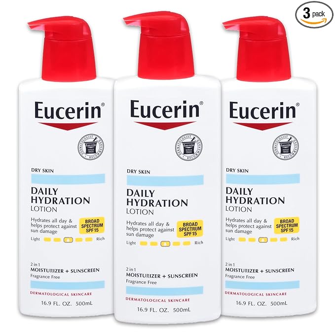 Eucerin Daily Hydration Lotion with SPF 15 - Broad Spectrum Body Lotion for Dry Skin - 16.9 fl. Oz. Pump Bottle (Pack of 3)