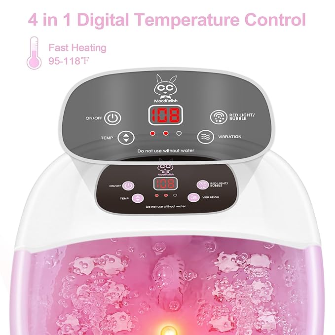 MoodRelish Foot Spa Bath Massager with Heat Bubbles and Vibration Massage and Jets, 16 OZ Calming Lavender Foot Soak Epsom Salt, Foot Soaker with Red Light, 22 Massage Rollers, Adjustable Temp - Pink