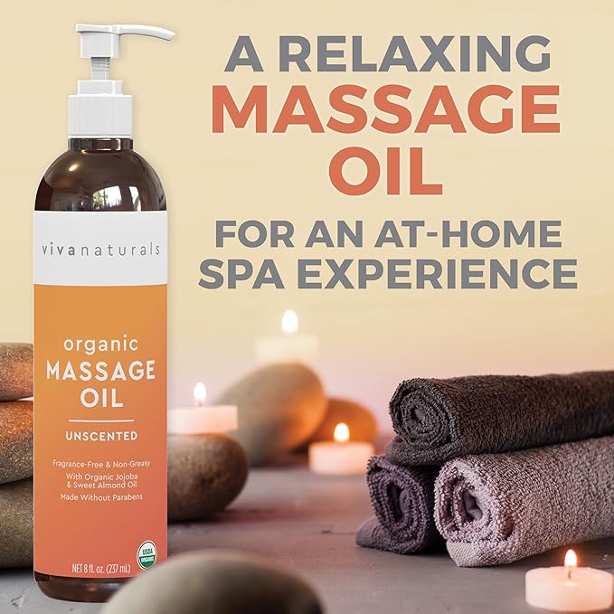 Viva Naturals Organic Massage Oil, Unscented, 8 fl oz (237 mL) – Non-Greasy, Certified Organic Massage Therapy Oils