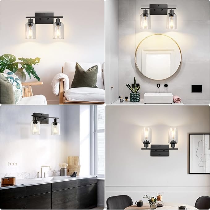ShineTech 2-Light Bathroom Vanity Light Fixtures, Modern Wall Lighting with Clear Glass Shade, Matte Black Finished Wall Sconce Lighting for Mirror