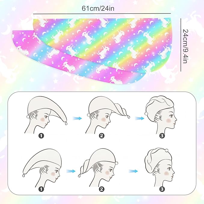 Microfiber Hair Towel Wrap for Kids 2 Pack Quick Drying Hair Towels with Button Hair Turbans for Wet Hair Absorbent Quick Dry Wraps Head Towel Wrap for Women and Girls, Rainbow Blue Purple Unicorn