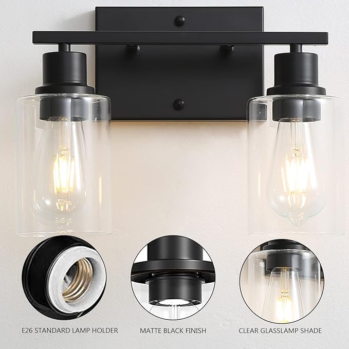 Bathroom Vanity Light Fixtures, 2-Light Matte Black Bathroom Lights, Wall Sconces with Clear Glass Shade for Hallway Farmhouse Bedroom Living Room