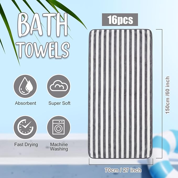 SmoothNovelty 16 Pack Microfiber Bath Towels Bulk 27'' x 60'' Oversized Size Bath Towel Highly Absorbent Extra Large Soft Drying for Beach Shower Summer Salon Sport Gym Party (Stripe,Dark Grey)