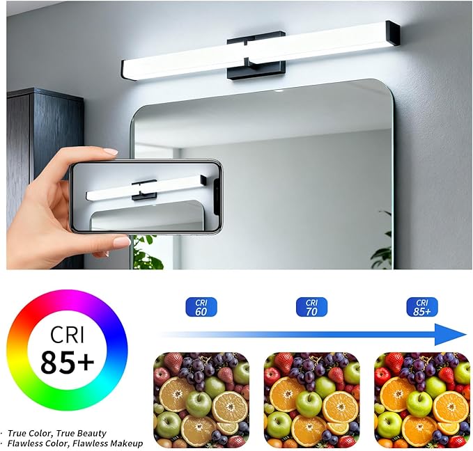 16 Inch LED Bathroom Lighting Fixtures Over Mirror, Modern Black Vanity Lights for Bathroom, Dimmable Vanity Light Bar, 5700K Cool White IP44 Waterproof Wall Light