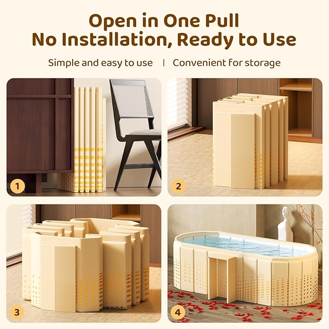 Portable Foldable Bathtub, Freestanding Bathtub No Installation, Bathroom SPA Soaking Bath Tub, Shower Stall Collapsible Hot & Ice Bath Tub (Yellow with Storage Rack, 59"L x 21.6"W x 19.6"H)