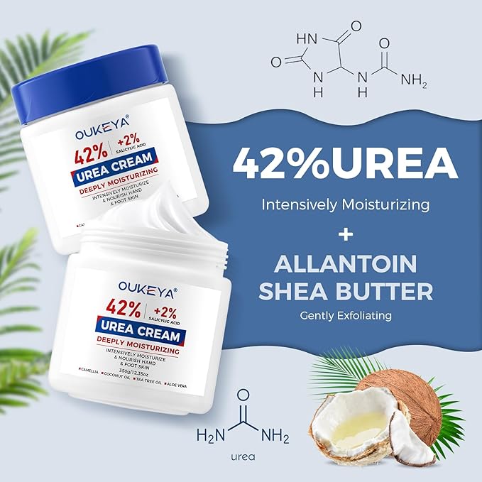 OUKEYA Urea Cream 42% plus Salicylic Acid 2% Net 12.35 Oz Foot & Hand Cream for Dry Cracked, Urea Lotion for Feet Maximum Strength, 2 Pack