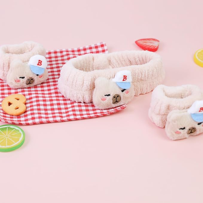 Kawaii Spa Headband and Wristband Set for Women Girls, Cute Halloween Skincare Headbands for Face Washing, Fluffy Makeup Headband for Washing Face Bath Shower and Beauty, Beige Capybara