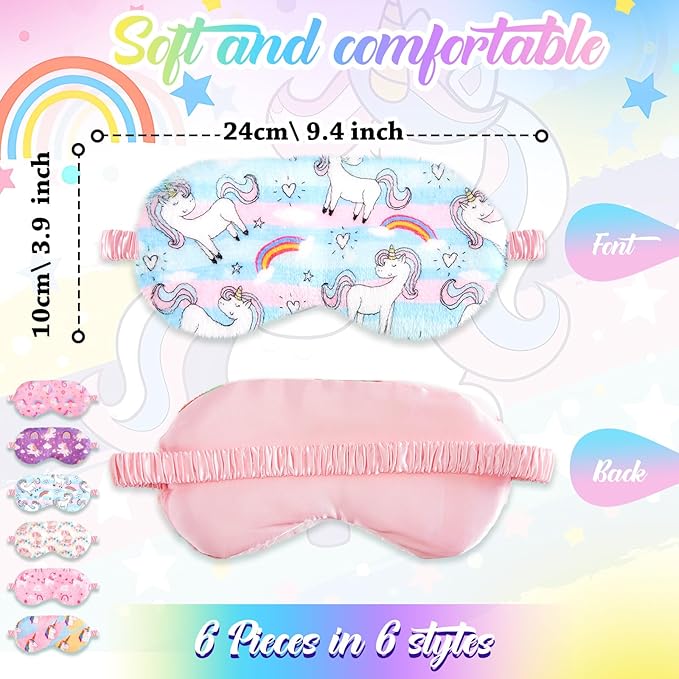 Cuffbow 6 Pack Plush Sleep Mask Set, Cute Plush Eye Masks for Sleeping, Soft Comfortable Travel Nap Blindfold, Sleepover Party Favors for Women(Unicorn,Colorful)