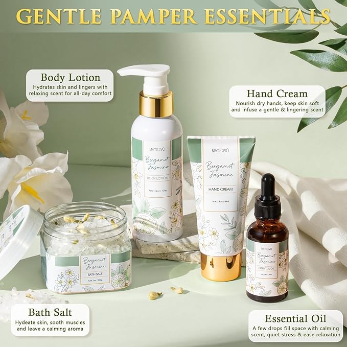 Mothers Day Birthday Gifts for Women, Bergamot Jasmine Relaxing Spa Gift Baskets for Women Self Care Package Bath Gift Set, Home Bath and Body Kit Pampering Gifts for Womens Her Mom Friend Sister Wife
