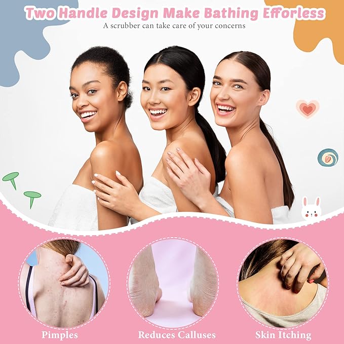 4 Pack Exfoliating Washcloth Back Scrubber Set, 2 Exfoliating Body Scrubber Nylon Back Body Scrub Towel, 2 Pairs Shower Gloves for Women Men Bath Shower Exfoliation(Pink, Gray)