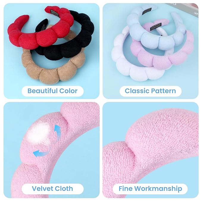 12 Pcs Spa Headbands for Women, Makeup Headbands for Women Girls, Puffy Sponge Bubble Headband for Washing Face, Soft Hair Band for Beauty Routines (Terry Cloth, 6 colors)