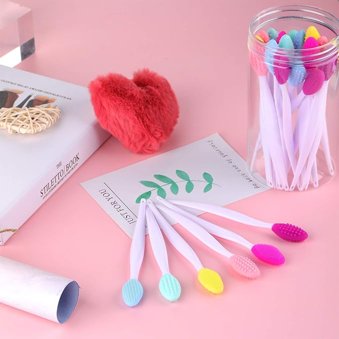 Patelai 24 Pcs Lip Scrub Brush Silicone Lip Scrubber Exfoliator with Container Double Sided Soft Cleansing Brush Tool for Men Women Lightening Dark Lips(Mixed Colors)
