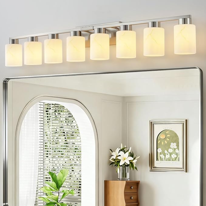 8-Light Bathroom Light Fixtures, Modern Vanity Lights, Brushed Nickel Metal Wall Lamp with White Marble Glass for Bathroom, Mirror, Living Room, Bedroom, Cabinet, Porch, Hallway, E26 Base