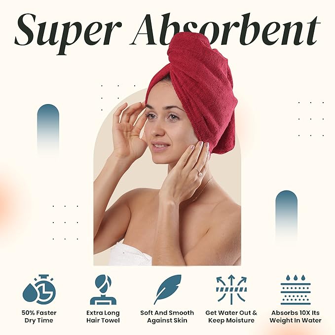 Extra Large Waffle Cotton Hair Towel Wrap - 30 inches Long, 400 GSM, Ultra Absorbent, Quick Dry Hair Turban for Women, Ideal for Long and Curly Hair, Perfect for Plopping (Cherry Red)