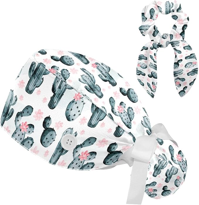 Adjustable Brown Dachshund Dog Blue Surgical Scrub Cap with Button,Sweatband for Women with Bow Hair Scrunchy