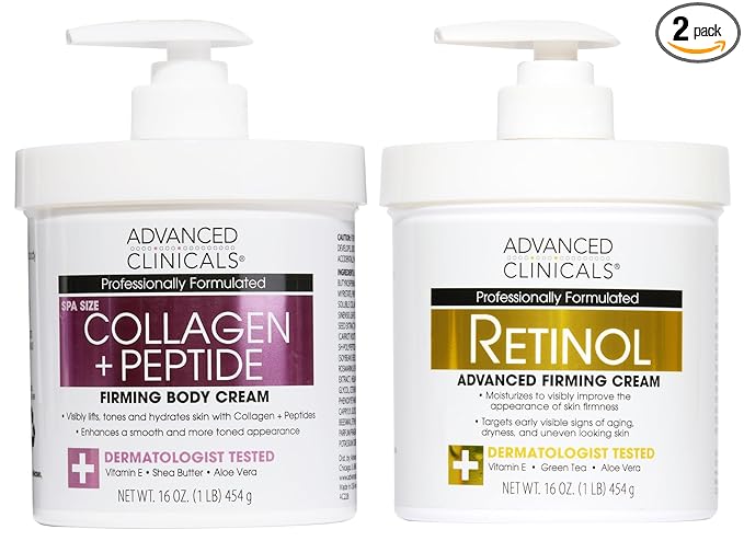 Advanced Clinicals Retinol Cream + Collagen Peptides Body Moisturizer & Face Lotion 2PC Skin Care Set | Dry Skin Body Lotion For Women & Men To Help Improve Appearance Of Crepey Skin, 2PC Bundle