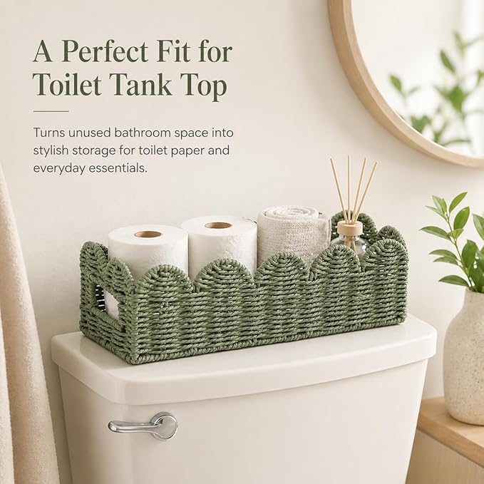 Scalloped Green Toilet Tank Basket for Back of Toilet, Wicker Bathroom Tray for Toilet Paper Storage, Bathroom Organizer for Tank Top, Countertop & Small Spaces