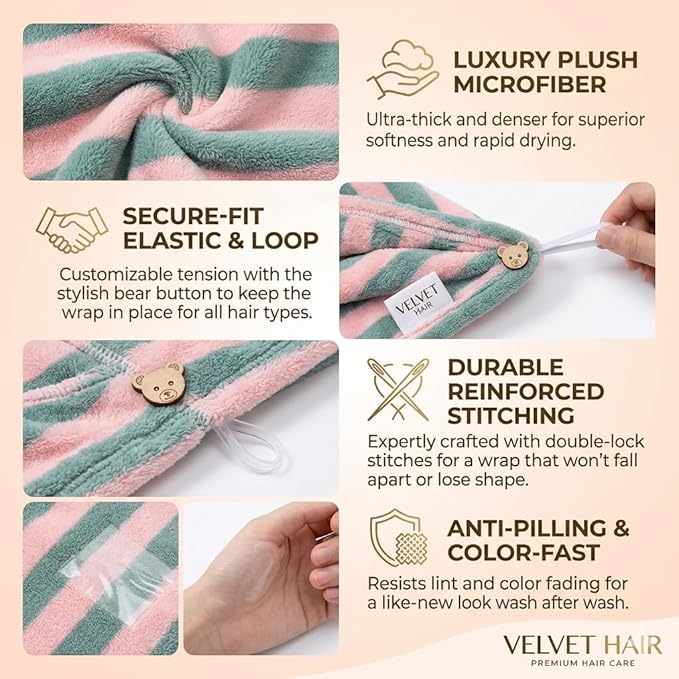 3 Pack Microfiber Hair Towel Wrap for Women, Fast Drying Hair Turban with Button, Anti-Frizz Large Hair Towel for All Hair Styles, Soft & Absorbent Hair Drying Towel