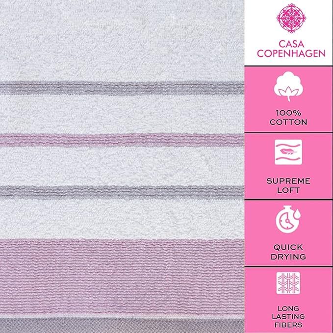 CASA COPENHAGEN White Bay 6Pcs 100% Egyptian Cotton Large Designer Towels Gift Set- White - Lavender, 600GSM, 2Bath 2Hand 2Washcloths, Bath Towels for Bathroom Set for Women & Men