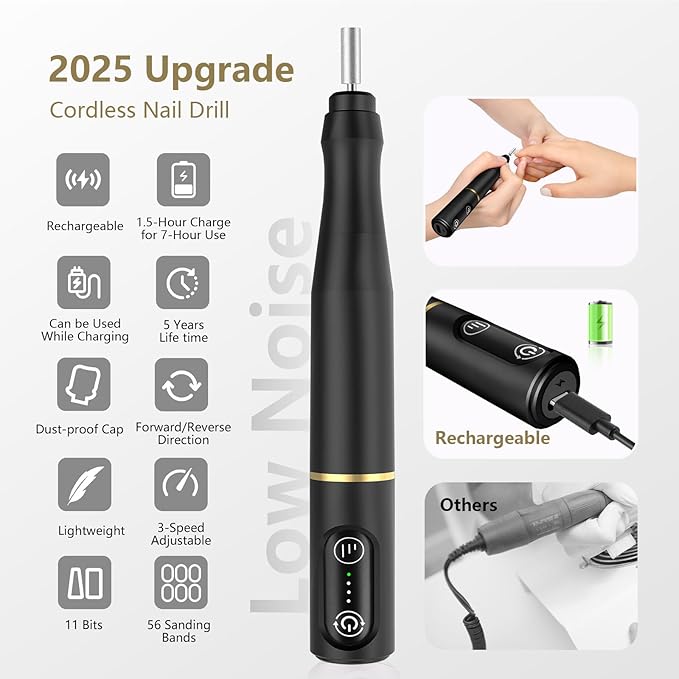 TUOBEO Cordless Nail Drill Electric Rechargeable File Kit, Professional Efile Acrylic Gel Nail Polish Remover Pedicure Manicure Machine Portable Set with 11 Bits 56 Sanding Bands for Salon Black