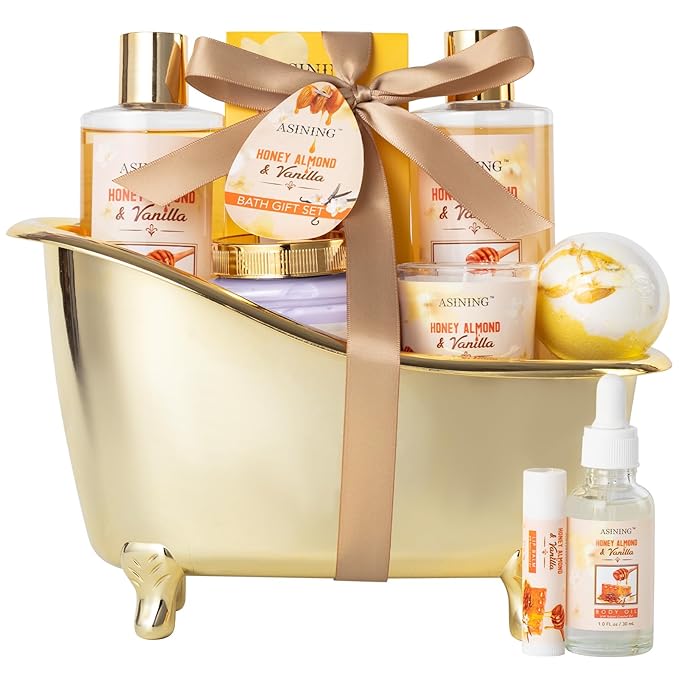 Spa Gift Baskets For Women and Men, Home Luxury Scents Honey Almond Bath Sets for Women Gift, Spa Set Spa Basket with Body Lotion, Lip Balm & More Bath Gift Set Best Gift for Her, Bath Kits Gifts