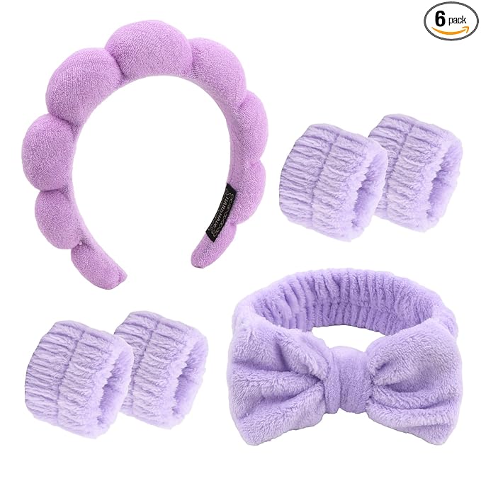 Purple Spa Headband and Wristband Set, 6 PCS Microfiber Skincare Hair Band with Bow & Cloud Design, Soft Elastic Face Washing Accessories for Makeup, Shower Routine